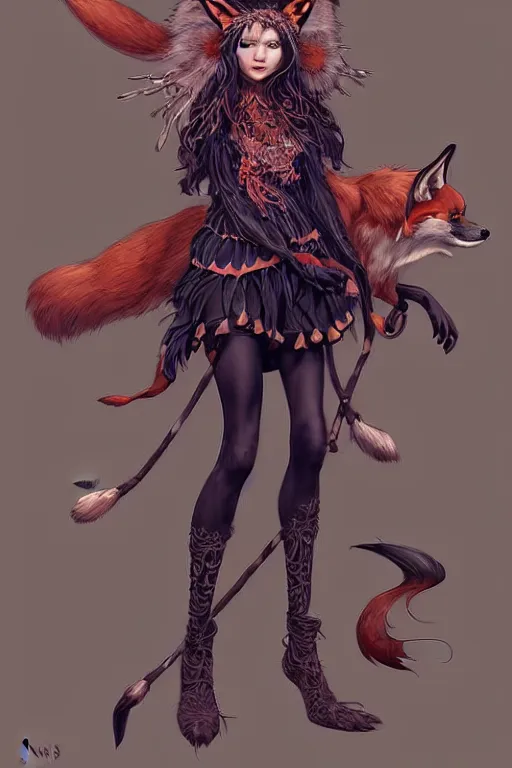 Image similar to digital art, centered full body of an Witch girl with fox headdress ,intricate, by James Jean and by artgerm , by ross tran, ultradetailed, charachter design, concept art, trending on artstation,