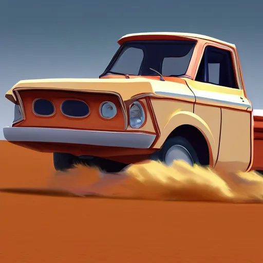 Prompt: flying pickup truck in the style of ralph mcquarrie