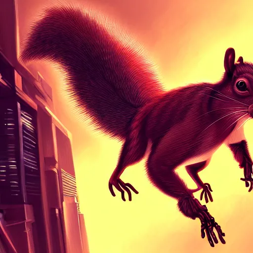 Image similar to a highly detailed long shot photo, cyberpunk giant rabid squirrel, intricate, digital painting, artstation, intricate, concept art, smooth, sharp focus