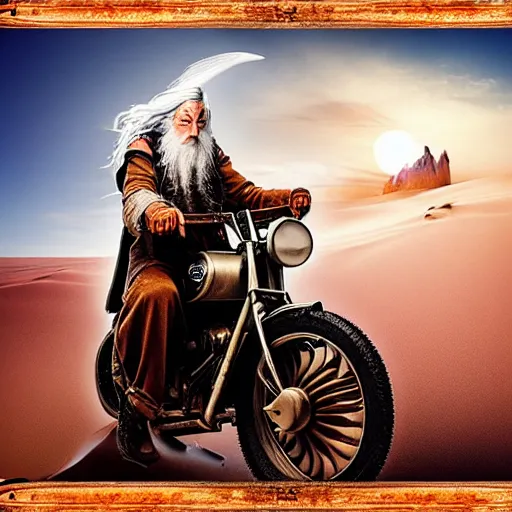 Prompt: dieselpunk Gandalf is riding a oversized motorcycle through a gigantic desert with high dunes, it is dawn, the sky is red, airbrush on canvas