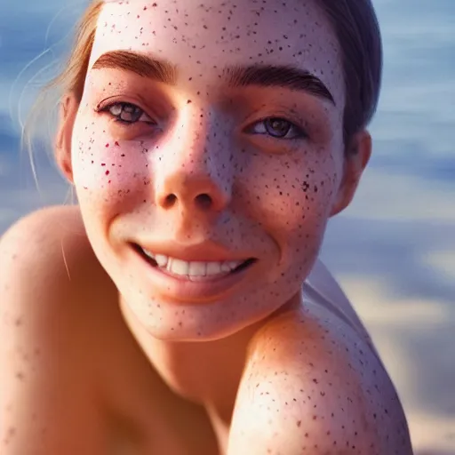 Prompt: beautiful serene intricate portrait of a cute thin young woman, red blush, cute freckles, smug smile, modern clothes, relaxing on the beach, golden hour, close up shot, soft focus, 8 k, art by irakli nadar, hyperrealism, hyperdetailed, ultra realistic