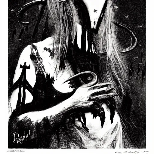 Image similar to close up portrait of a scandinavian undead witch female with ram horns, satanic kvlt by peder balke by peder balke by greg rutkowski, by guido crepax by norman bluhm mystic high contrast monochromatic noir angst pagan magic symbols