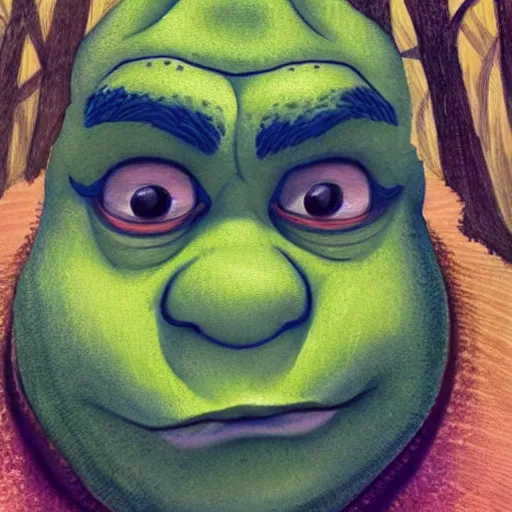 Prompt: beautiful water color concept art of face detailing shrek in the style of japanese wood printing , toon rendering, close-up, no shade, modern art, kyoto animation, manga, Julian Opie