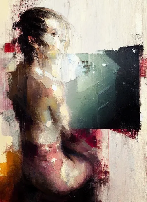 Image similar to a beautiful glitched painting by christian hook of a woman in a bathroom, brushstrokes by jeremy mann, still life, dark colors