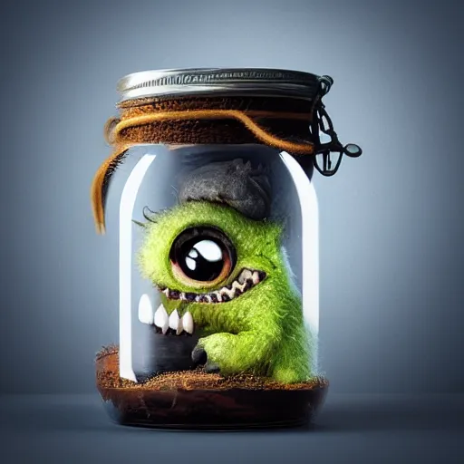 Image similar to cute monster in a jar by Greg Rutkowski, product photography, centered, studio lightning