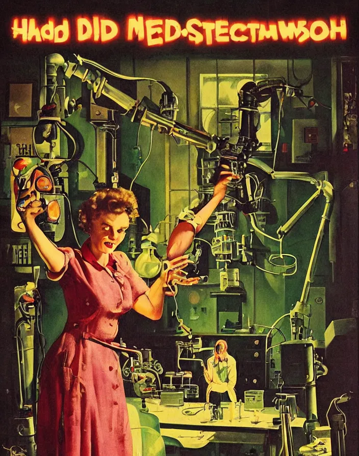 Image similar to a female mad scientist building a retro robotic!!! man!!!, in a darkly lit laboratory room, 1 9 5 0 s horror film movie poster style, ( norman rockwell oil painting ), retro science fiction, vintage, saturated pink and green lighting, shadowy lighting