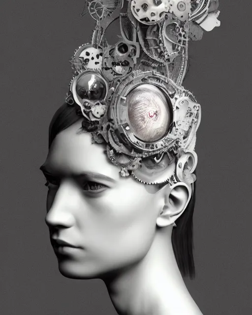 Image similar to black and white dreamy foggy smoky profile face portrait, one silver steampunk eye biomechanical beautiful young female cyclope - cyborg - robot bust, body ribs meshes,, volumetric light, hibiscus flowers, by hg giger, rim light, by dora maar and cecile beaton, big gothic fashion pearl embroidered collar, 8 k
