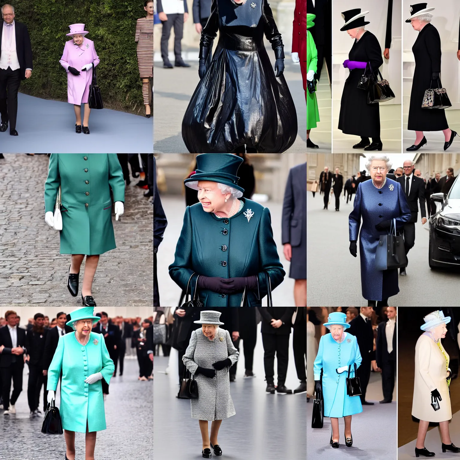 Prompt: queen elizabeth at milan fashion week on the walkway wearing a garbage bag