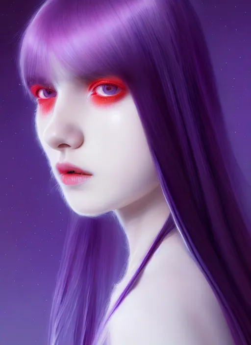 Image similar to hair whitebangs hair, black hair, whitebangs, portrait of teenage girl with white bangs, red irises, purple clothes, white bangs, bangs are different color from hair, intricate, elegant, glowing lights, highly detailed, digital painting, artstation, concept art, smooth, sharp focus, illustration, art by wlop, mars ravelo and greg rutkowski