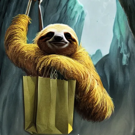 Image similar to a fantasy artwork of a sloth shopping for groceries