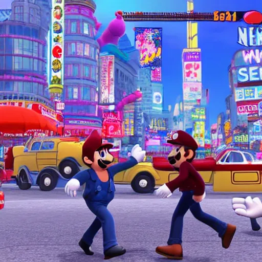 Prompt: The Beatles performing in New Donk City, in Super Mario Odyssey, ingame screenshot
