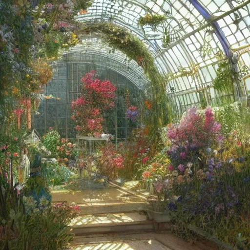 Prompt: a beautifull intricate greenhouse with many flowers, reflexions, verry high details by william turner art, greg rutkowski and alphonse mucha, and moebius, trending on artstation, very very detailed, masterpiece, - h 7 0 4