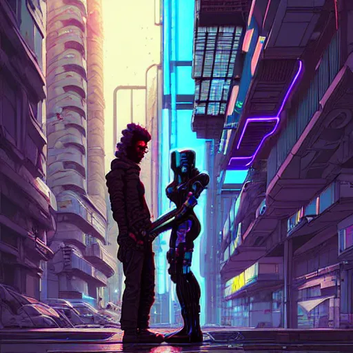 Image similar to A cyberpunk couple has an intimacy on the street of a cyberpunk city art by Josan Gonzalez, sci-fi, highly detailed, digital painting, artstation, smooth, sharp focus, illustration, concept art by Josan Gonzalez and James Gurney and Mœbius