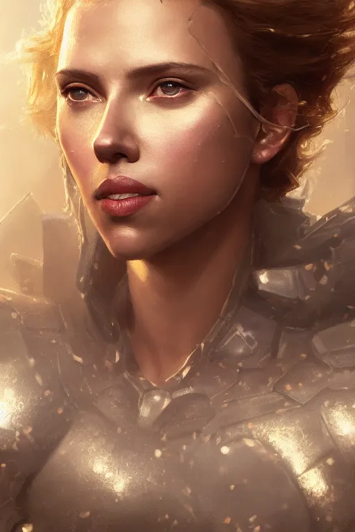 Prompt: a fancy portrait of Scarlett Johansson in crystaline armour by Greg Rutkowski, Sung Choi, Mitchell Mohrhauser, Maciej Kuciara, Johnson Ting, Maxim Verehin, Peter Konig, final fantasy , mythical, 8k photorealistic, cinematic lighting, HD, high details, atmospheric,