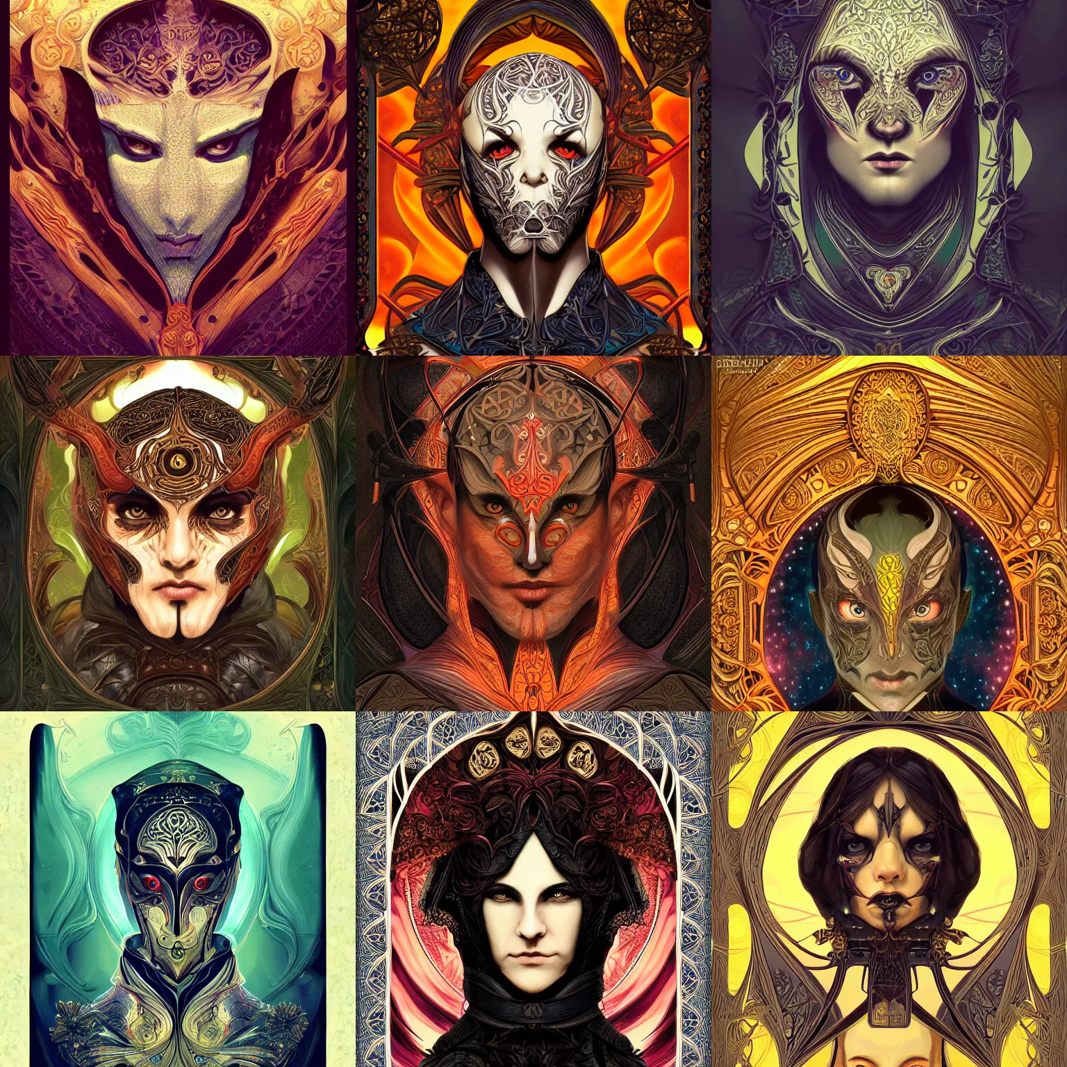 Prompt: head-on symmetrical centered painted portrait, male imp assassin, art nouveau, tarot card style, complex fractal tarot card background, fantasy, intricate, elegant, highly detailed, smooth, sharp focus, illustration, artstation, in the style of Artgerm and Anna Podedworna and Alex Ross