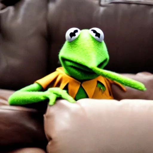 Image similar to candid photo of kermit the frog sitting on the couch smoking out of a bong, kermit the frog in ted ( 2 0 1 2 ) bong rip, kermit the frog, high resolution photo, trending on artstation, interior design, bong rip,