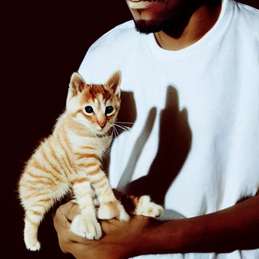 Prompt: Frank ocean holding a kitten and staring at you