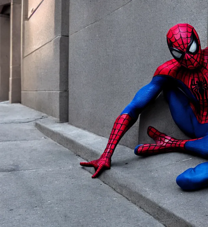 Prompt: cinematic still of spiderman homeless