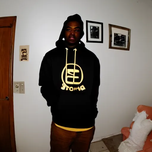 Image similar to cool black guy, wearing a golden kappa hooded sweatshirt, photo inside apartment, digital camera