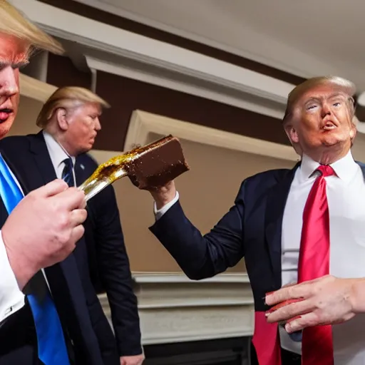 Prompt: donald j. trump spraying chocolate pudding onto liberals