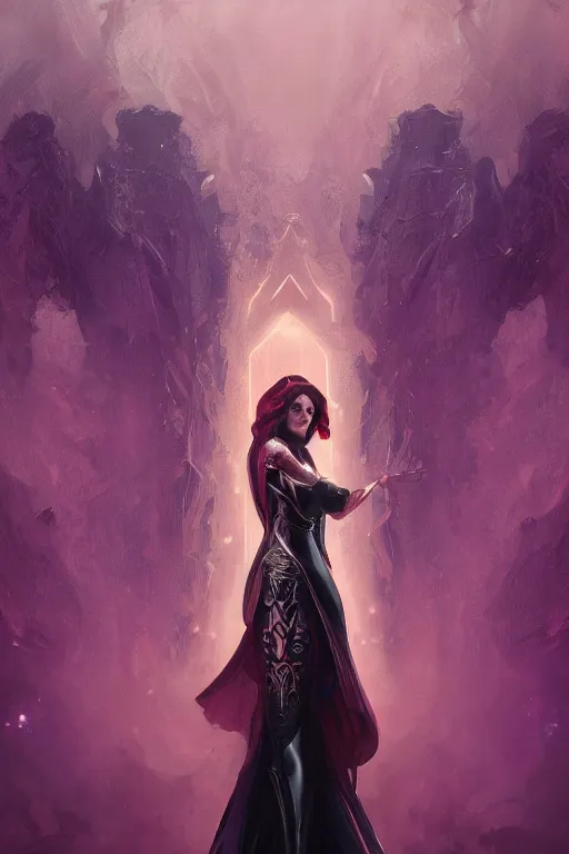 Image similar to masterpiece digital painting of a beautiful woman knight portrait, centered, heavy black obsidian armor, chaotic ruby inlays, large cape, by kev walker and greg rutkowski and mucha, atmospheric fog effects background, purple sparkles, artstation, deviantart, closer view, cinematic lights