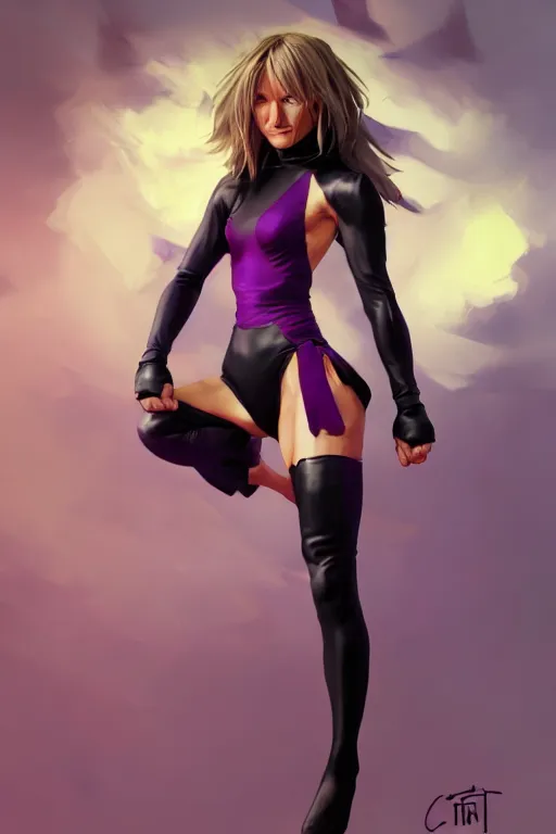 Prompt: fighter anime Cameron Diaz with purple leotard, long black hair wearing fighting cuffs in a fighting stance, digital painting, artstation, concept art, soft light, hdri, smooth, sharp focus, illustration, art by tian zi and craig mullins and WLOP and alphonse mucha