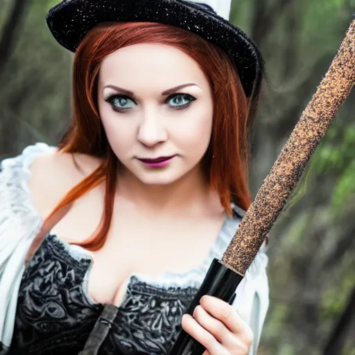 Image similar to young woman witch with magic wand and broom cosplay, she wears boots, full body shot, detailed face, photo taken by nikon, 4k, high quality, very detailed, intricant