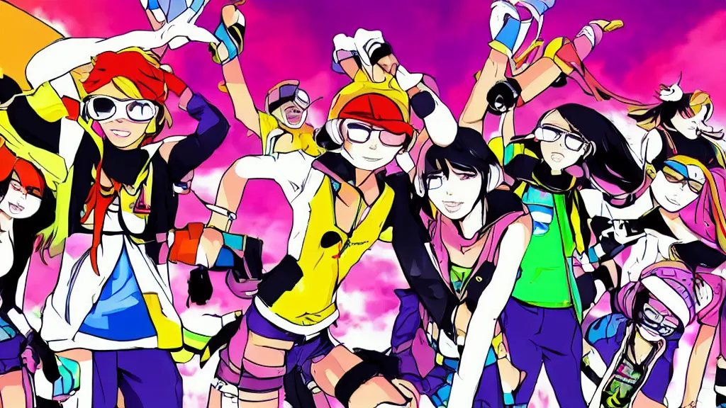 Image similar to jet set radio style anime, with diverse female characters on skates, set in colourful future city