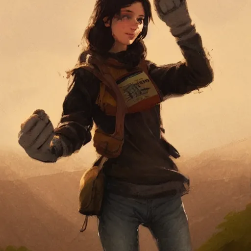 Image similar to a dark - haired girl hitch - hiking, wearing a brown glove with her thumb held aloft, highly detailed, digital painting, artstation, concept art, sharp focus, illustration, art by greg rutkowski