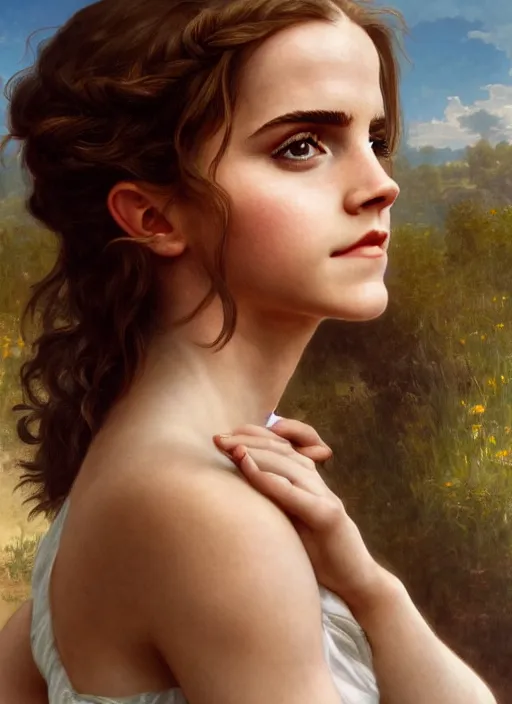 Image similar to portrait emma watson as 21th century country girl, full length shot, shining, 8k highly detailed, sharp focus, illustration, art by artgerm, mucha, bouguereau