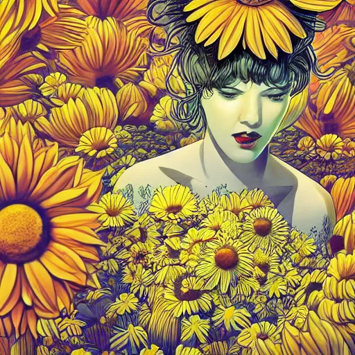 Prompt: closeup, huge daisy flower head, woman in modern apartment, surreal photography, dramatic light, by victo ngai by james jean, by rossdraws, frank franzzeta, mcbess