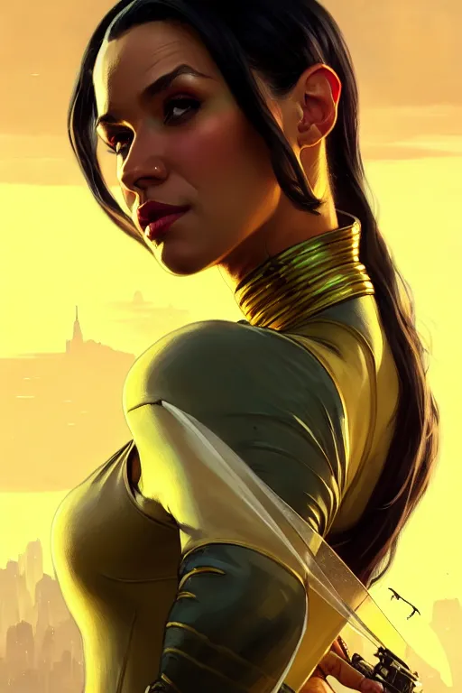 Image similar to gta 5 queen bee profile picture by greg rutkowski, dynamic pose, intricate, futuristic, fantasy, elegant, by stanley artgerm lau, greg rutkowski, thomas kindkade, alphonse mucha, loish, norman rockwell, fantasy lut, asymmetric, long hair, retro computer graphics, video game, fluid lines,