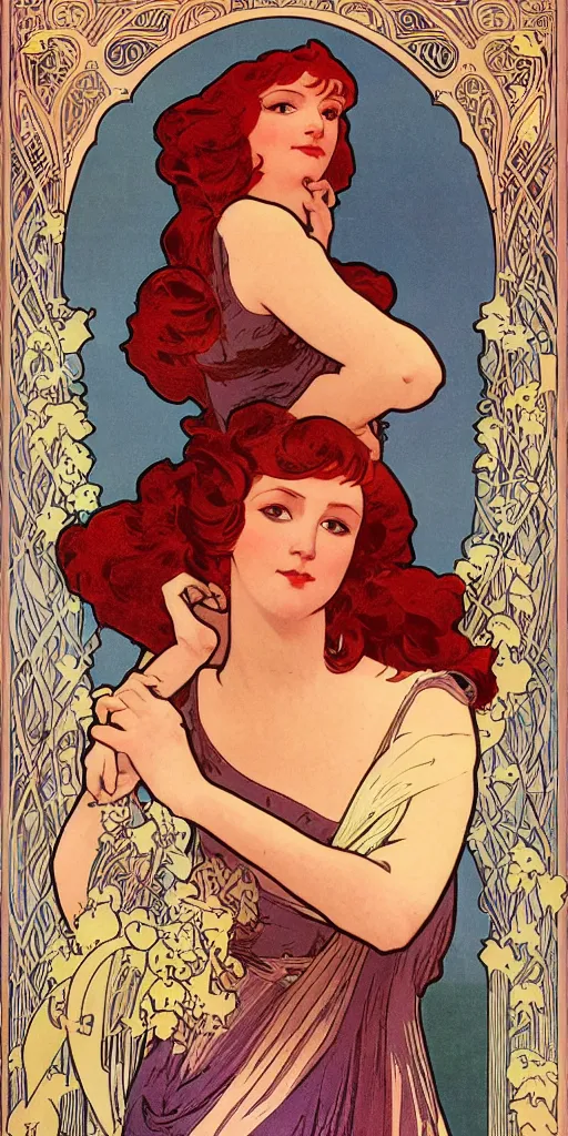 Prompt: redhead woman poster style by designer Maurice Pillard-Verneuil, alphonse mucha, maxfield parrish