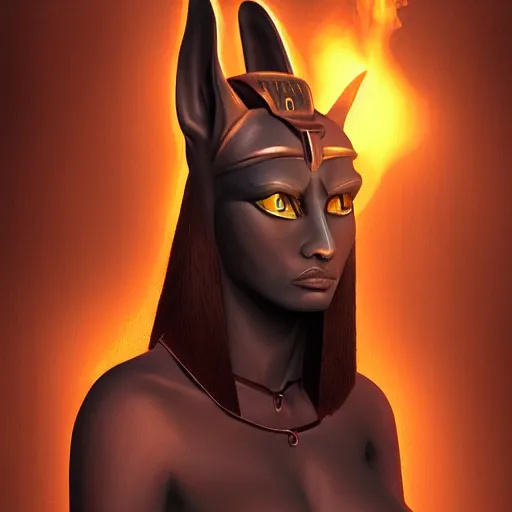 Image similar to A portrait of a female Anubis, she is glaring at the viewer and there is fire behind him, beautiful digital art trending on artstation, 4k, greg rutowski, extremely detailed, vivid three point lighting, backlit fur