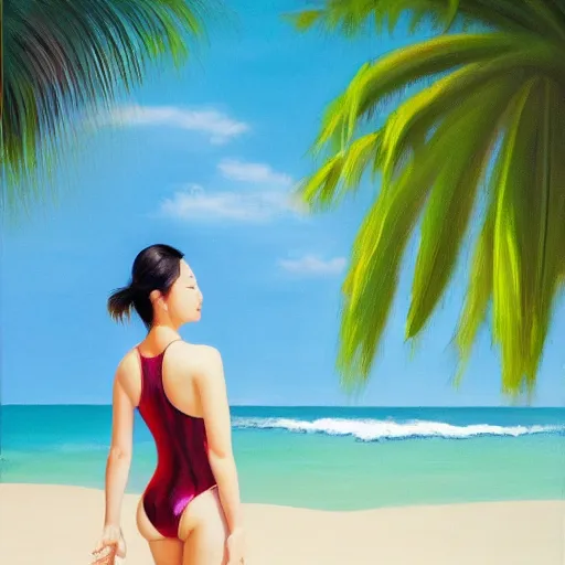 Image similar to perfect, realistic oil painting of close-up japanese woman in racing one-piece swimsuit, at sand beach with palms, by an American professional senior artist, Hollywood concept, dynamic composition and motion