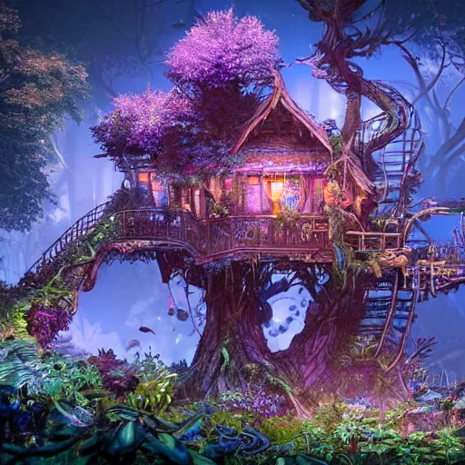 Image similar to an elaborate treehouse overgrown by bioluminescent, purple, blue, glowing plants, an ultrafine hyperdetailed illustration by kim jung gi, irakli nadar, intricate linework, bright colors, octopath traveler, final fantasy, unreal engine 5 highly rendered, global illumination, radiant light, detailed and intricate environment