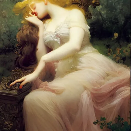 Image similar to blonde beautiful sleeping princess by franz xaver winterhalter and delphin enjolras and rebecca guay