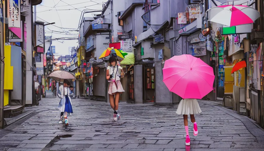 Prompt: a girl with an umbrella walking through a side street in Japn in the style of a 90s sailormoon cartoon, high detail, 8k, high resolution,