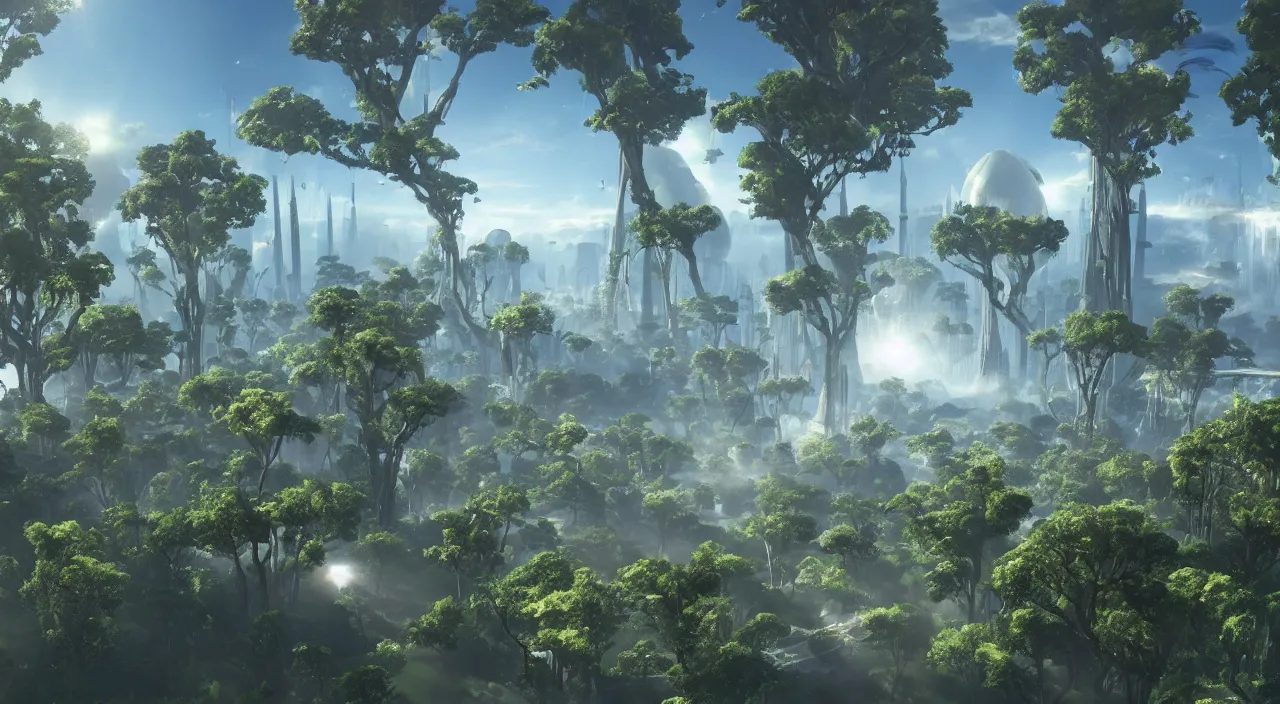 Image similar to An absolutely beautiful view of a sci-fi world. There are tall structures seen in the distance, with lots of unique looking trees.