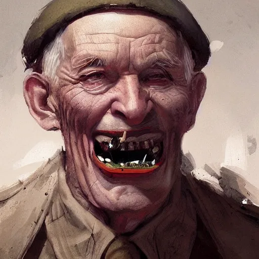 Image similar to old man portrait, ww 2 hand grenade in his teeth, greg rutkowski art