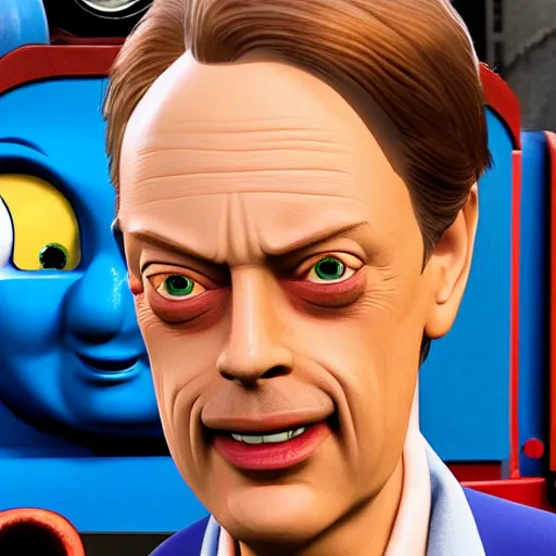 Prompt: Steve Buscemi's face on Thomas the Tank Engine, cinematic, 8k, Unreal Engine render