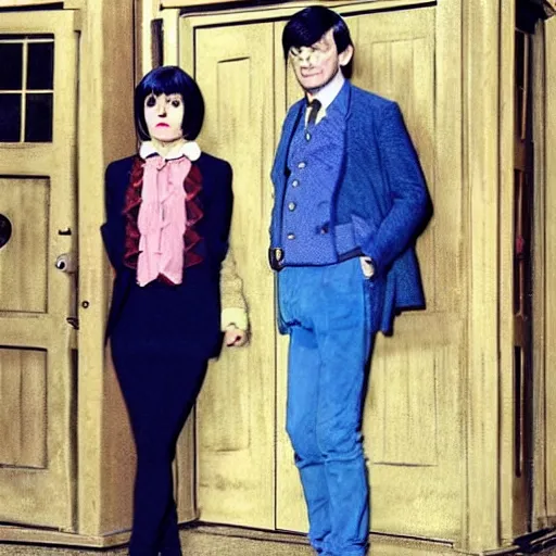 Image similar to The Second Doctor stepping out of the Tardis with his companion Polly, colourised, high definition