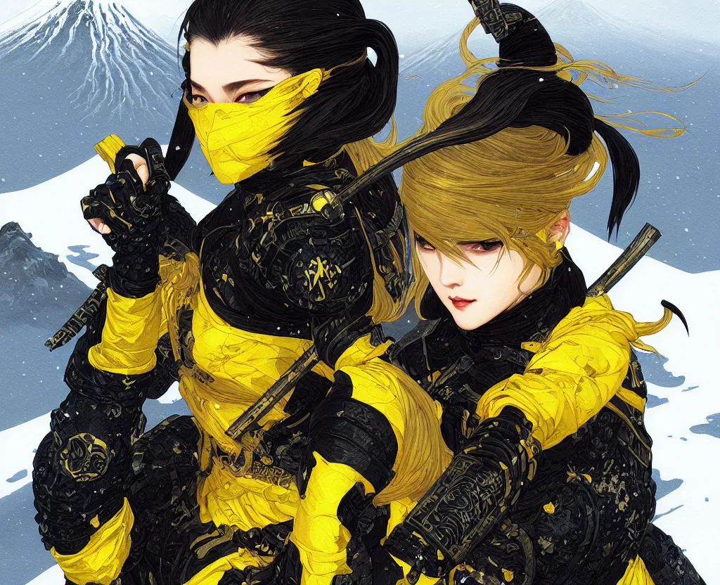 Image similar to portrait ninja gaiden girl, black and yellow ninja wardrobe, at snowy fuji mountain sunrise, ssci - fi and fantasy, intricate and very very beautiful, detailed, digital painting, artstation, concept art, smooth and sharp focus, illustration, art by tian zi and wlop and alphonse mucha