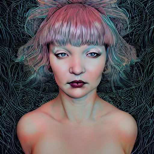 Image similar to portrait of crazy beautiful singer sia kate isobelle furler, ymmetrical, by yoichi hatakenaka, masamune shirow, josan gonzales and dan mumford, ayami kojima, takato yamamoto, barclay shaw, karol bak, yukito kishiro