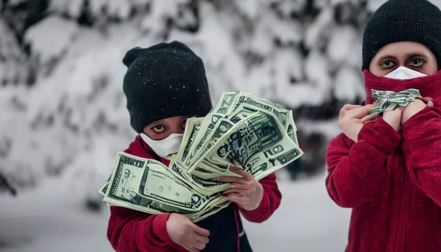 Prompt: A stunning beautiful professional photograph of a kid in a ski mask holding two full bags of cash, from Time magazine, award-winning photography, taken with Sony alpha 9, sigma art lens, full body shot