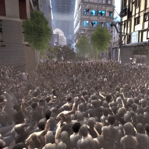 Image similar to moshpit in the city streets, realistic, huge moshpit, realism, hdd, hdr, rtx on, dynamic lighting, chaos in the moshpit,