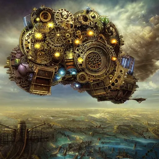 Image similar to flying city in a mechanical flower, flying city, detailed, sky, fantasy art, steampunk, masterpiece