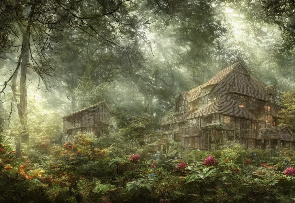 Image similar to a house sitting in a forest, wallpaper, ornate, beautiful, atmosphere, vibe, flowers, concept art illustration, color page, 4 k, tone mapping, doll, akihiko yoshida, james jean, andrei riabovitchev, marc simonetti, yoshitaka amano, digital illustration, greg rutowski, volumetric lighting, sunbeams, particles