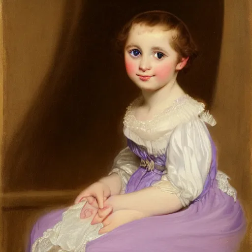 Image similar to portrait of a german toddler princess sitting down in a silk lavender gown, circa 1 8 3 7, by carl joseph begas, highly detailed, beautiful, oil on canvas, 1 8 3 0 s, romanticism