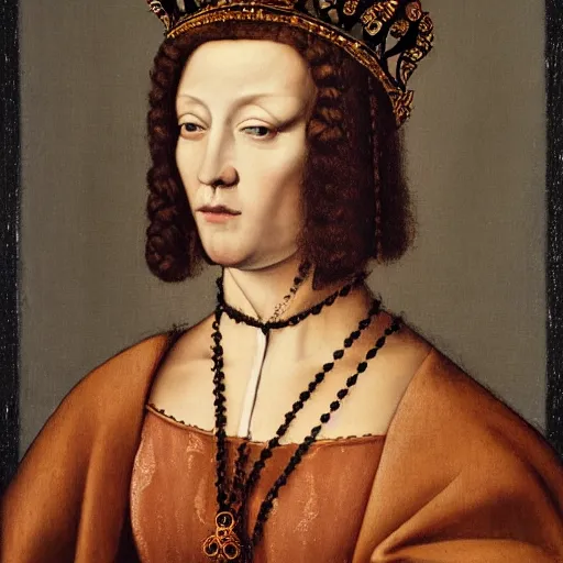 Prompt: a renaissance style portrait painting of an animal, wearing a crown and cape, dark background